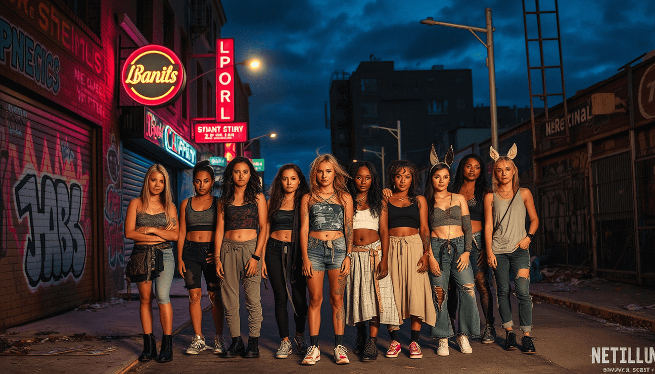 Group of women in trendy streetwear posing at night in an urban setting with graffiti and neon lights.