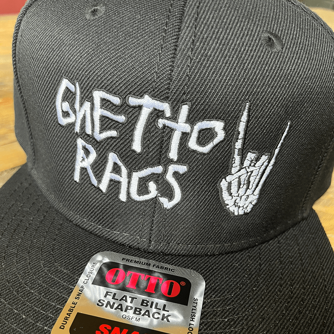 Black Ghetto Bones Snapback Hat with embroidered logo and flat brim, available at Ghetto Rags.