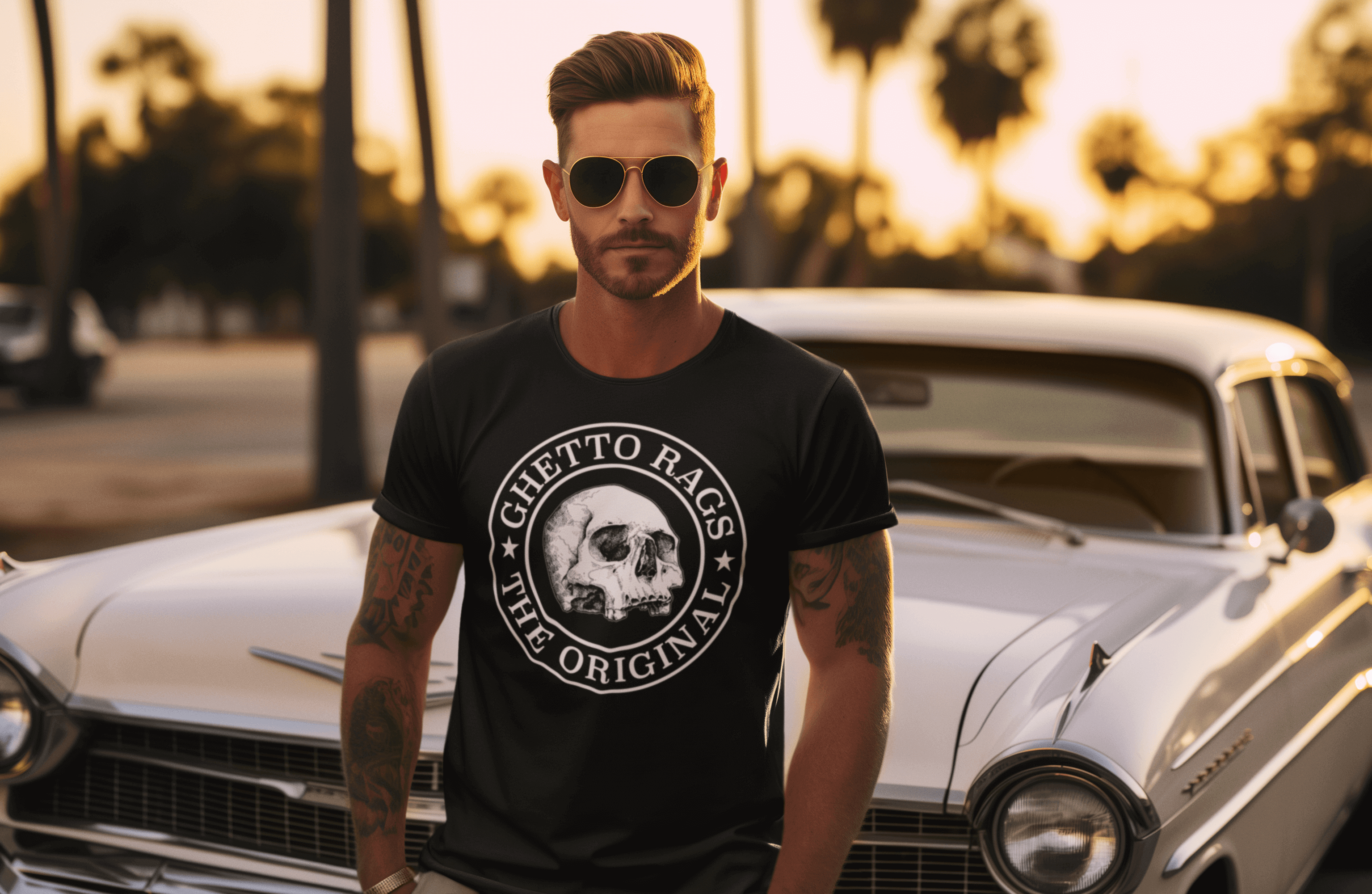 "Man wearing Ghetto Rags shirt standing in front of vintage car at sunset"