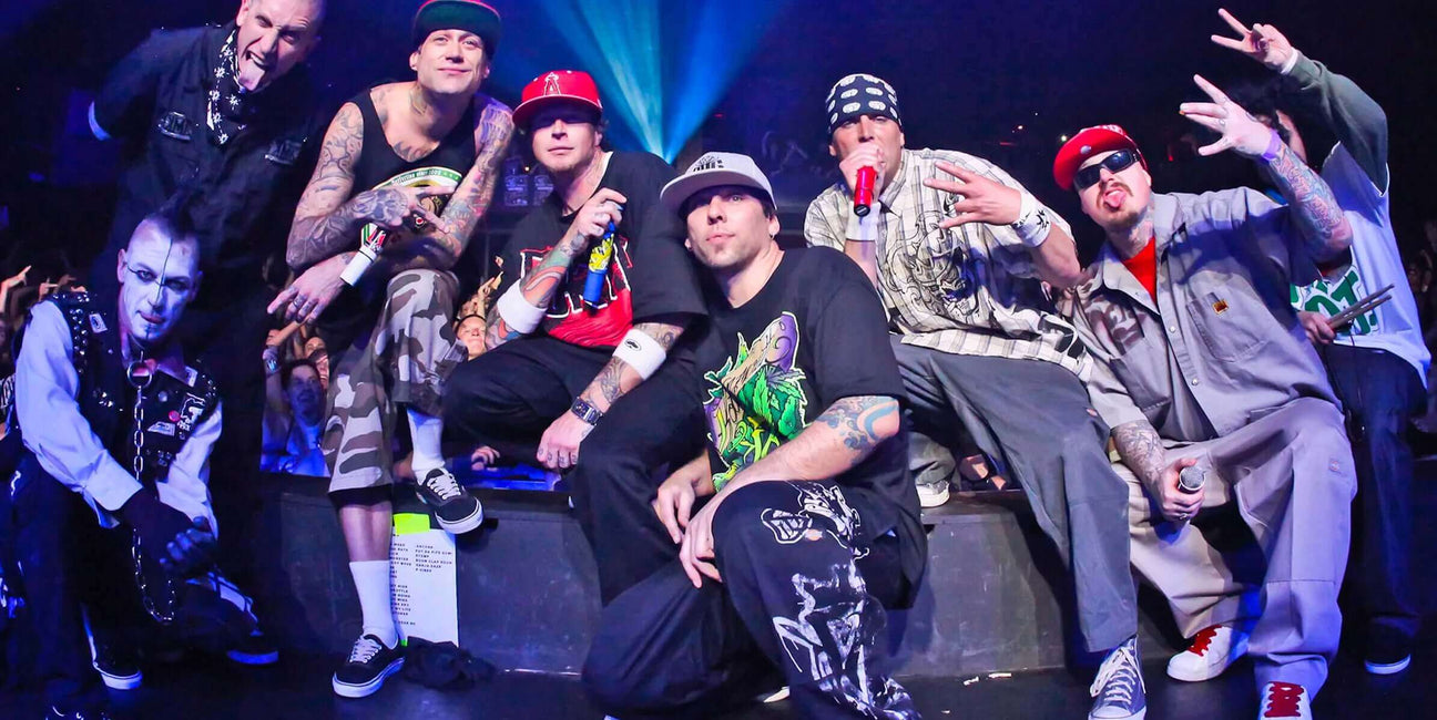 Kottonmouth Kings band performing live on stage with vibrant lights and dynamic poses.