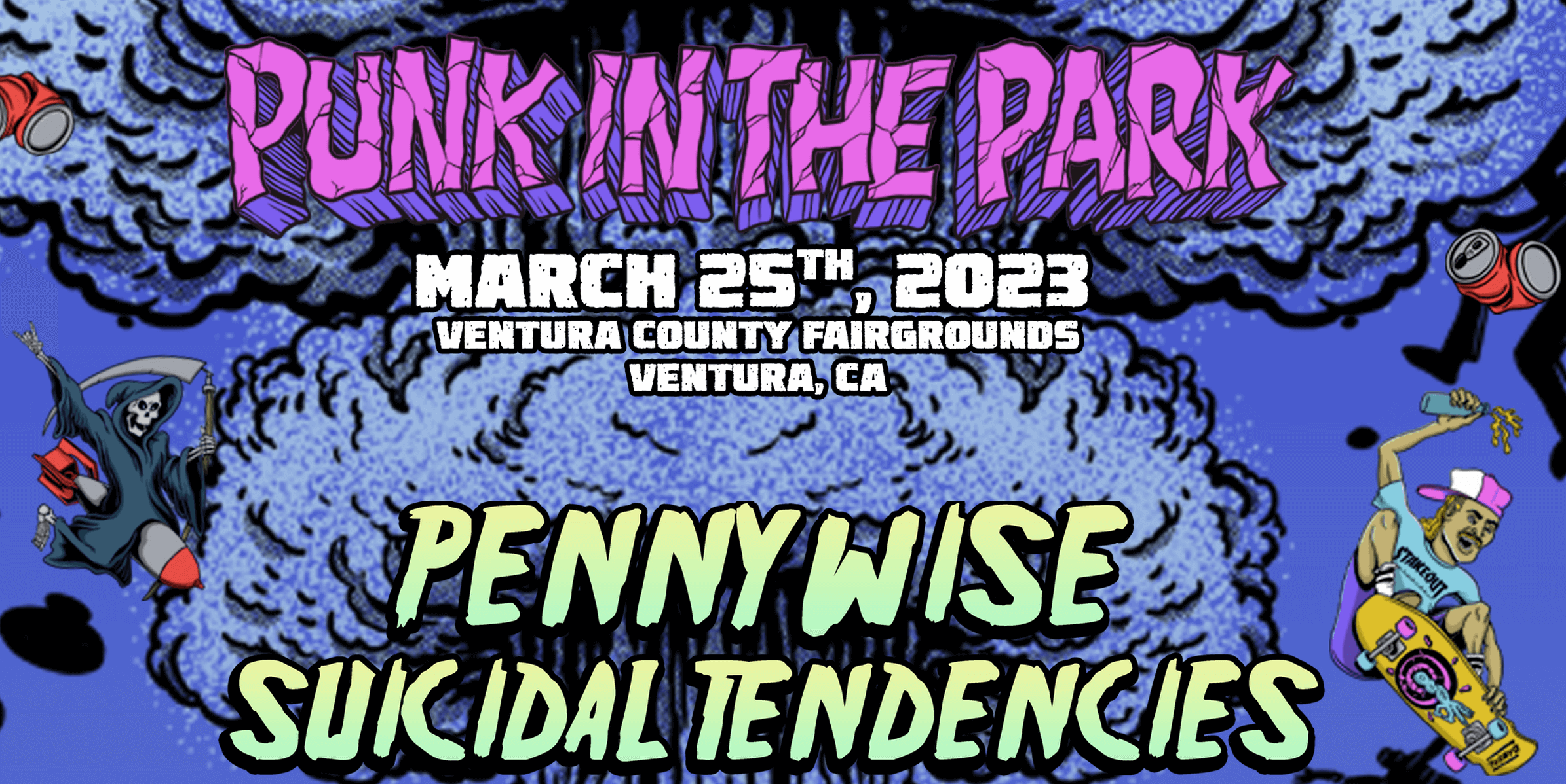 "Punk in the Park 2023 festival poster featuring Pennywise and Suicidal Tendencies at Ventura County Fairgrounds"