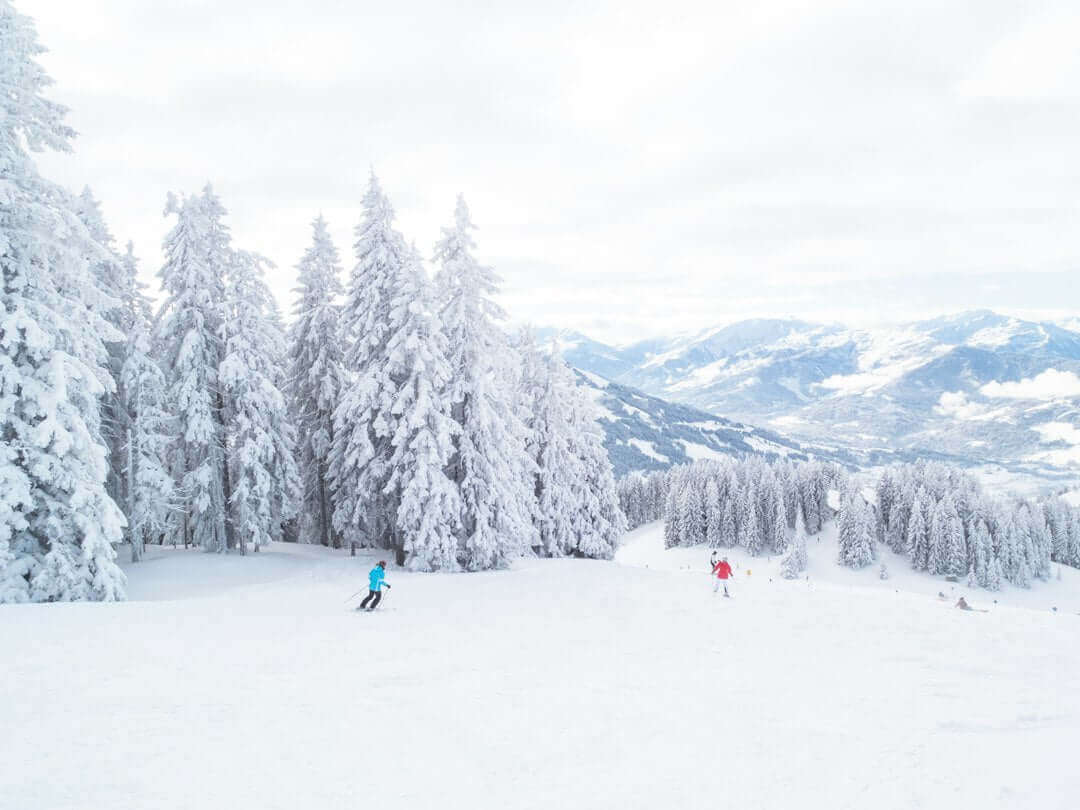 snowy mountain landscape with skiers and snow-covered trees