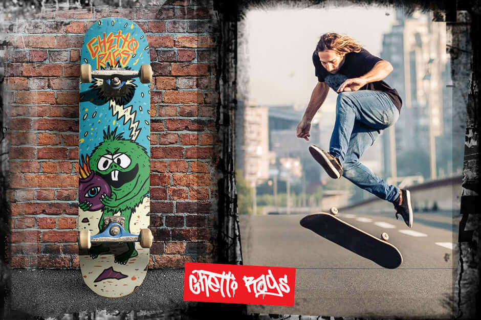 "Ghetto Green Guy skateboard design with urban skater performing trick, symbolizing freedom and self-expression in skate culture."