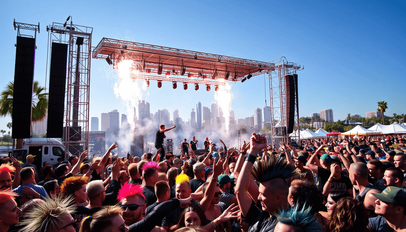 Crowds enjoy live performance at Punk in the Park 2024 festival in San Diego with city skyline in background.