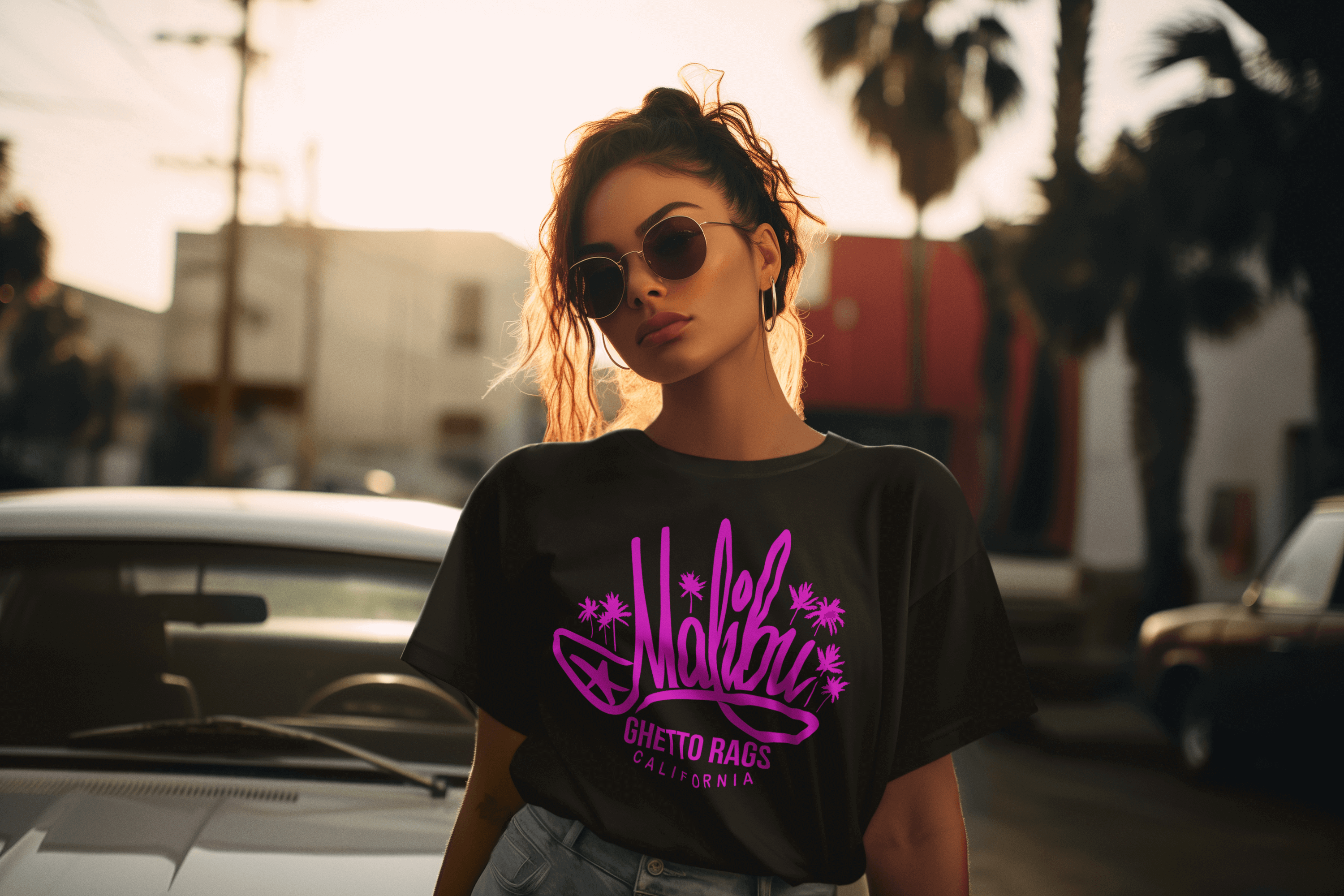 Woman wearing Ghetto Rags Malibu shirt, blending urban street style with beach vibes, standing with sunglasses in a sunny street.