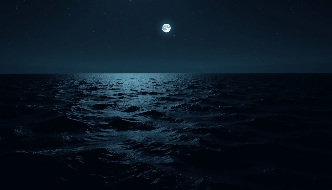 Moonlit ocean waves under a starry night sky in a tranquil scene.