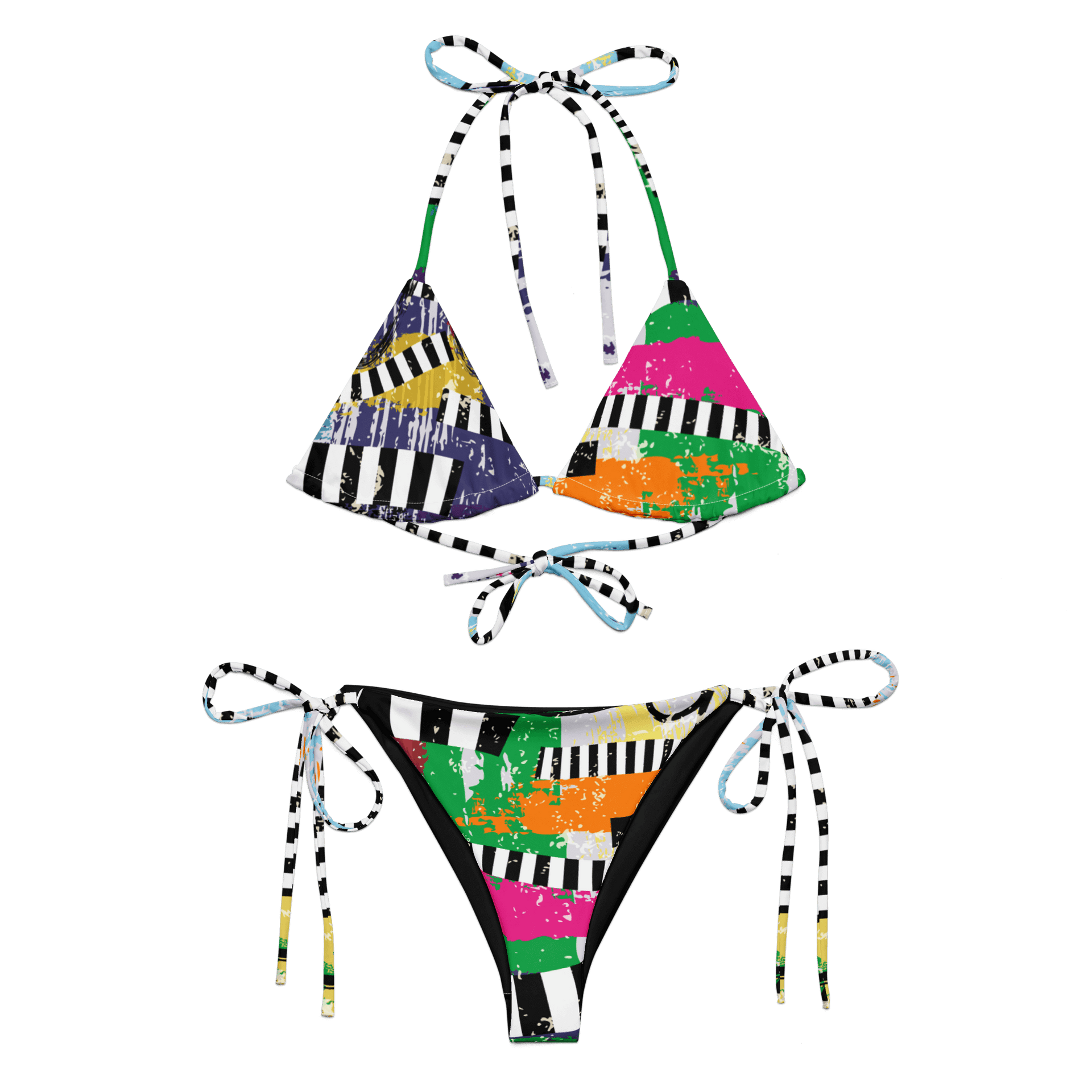 Colorful graffiti-inspired string bikini with urban street art design.