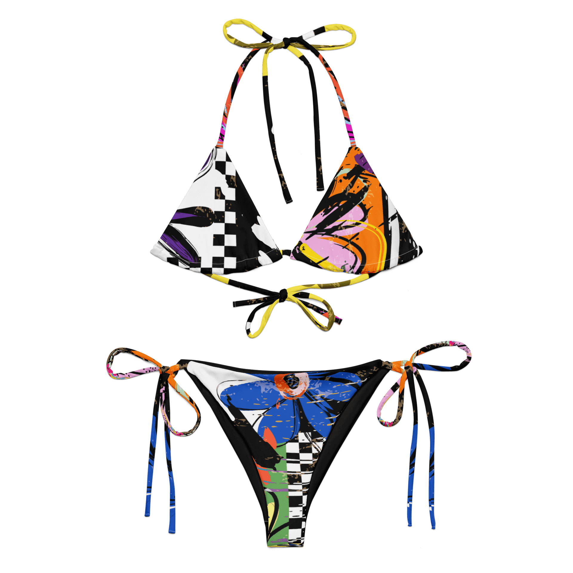 Ghetto Rags string bikini with graffiti-inspired prints and vibrant colors, featuring adjustable strings for a perfect fit.