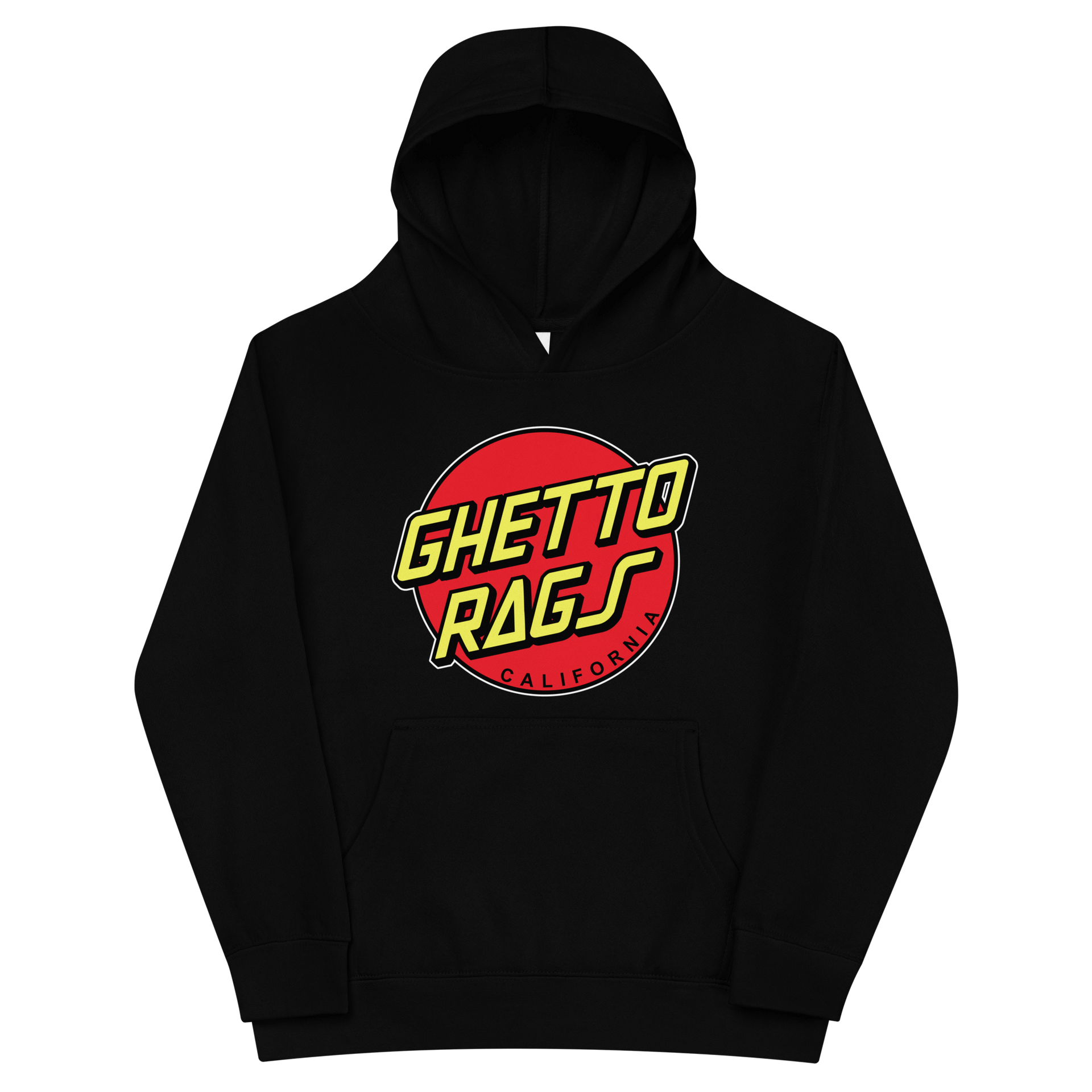 Black kids hoodie with Ghetto Rags California logo, featuring bold red and yellow graphic design on the front.