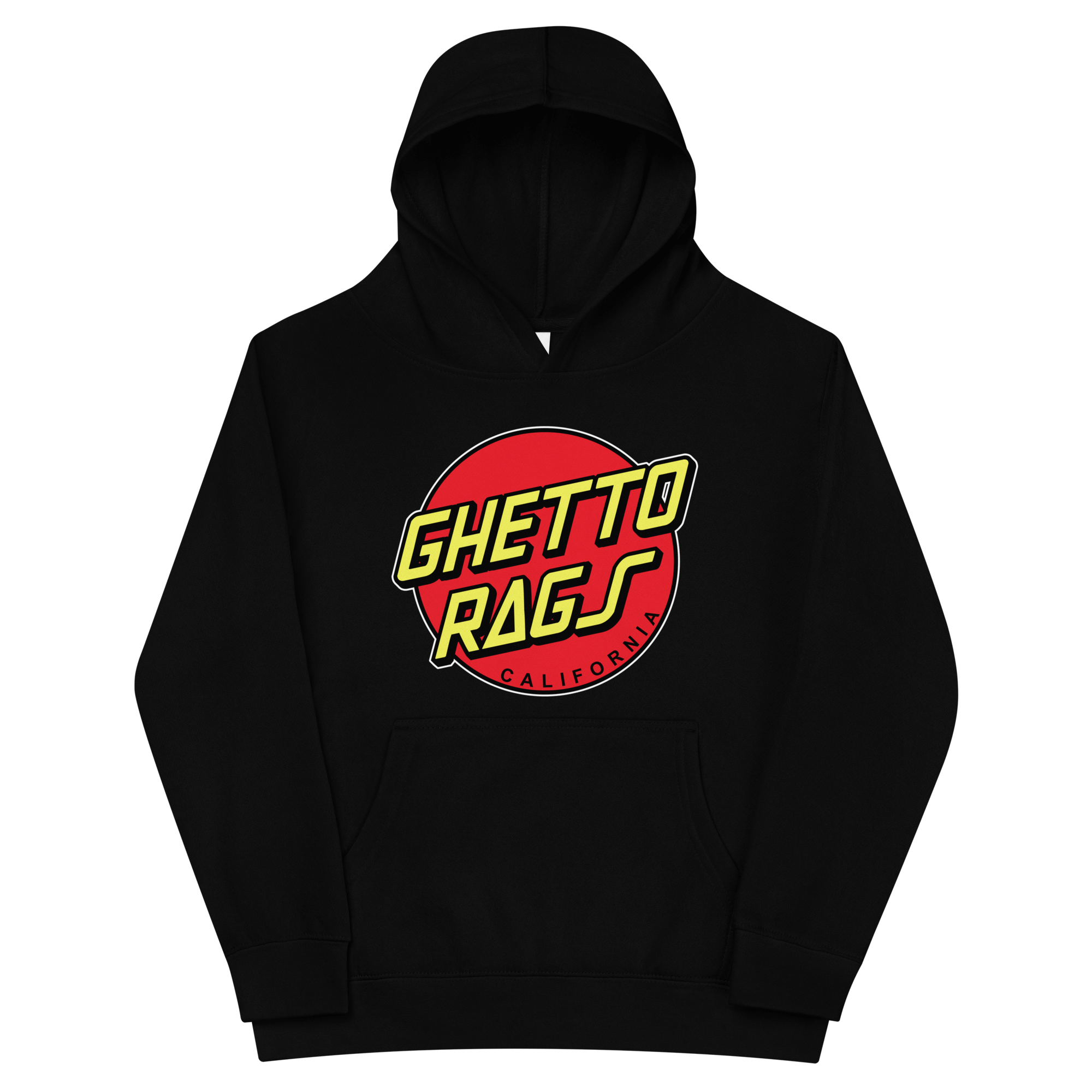 Black kids hoodie with Ghetto Rags California logo, featuring bold red and yellow graphic design on the front.