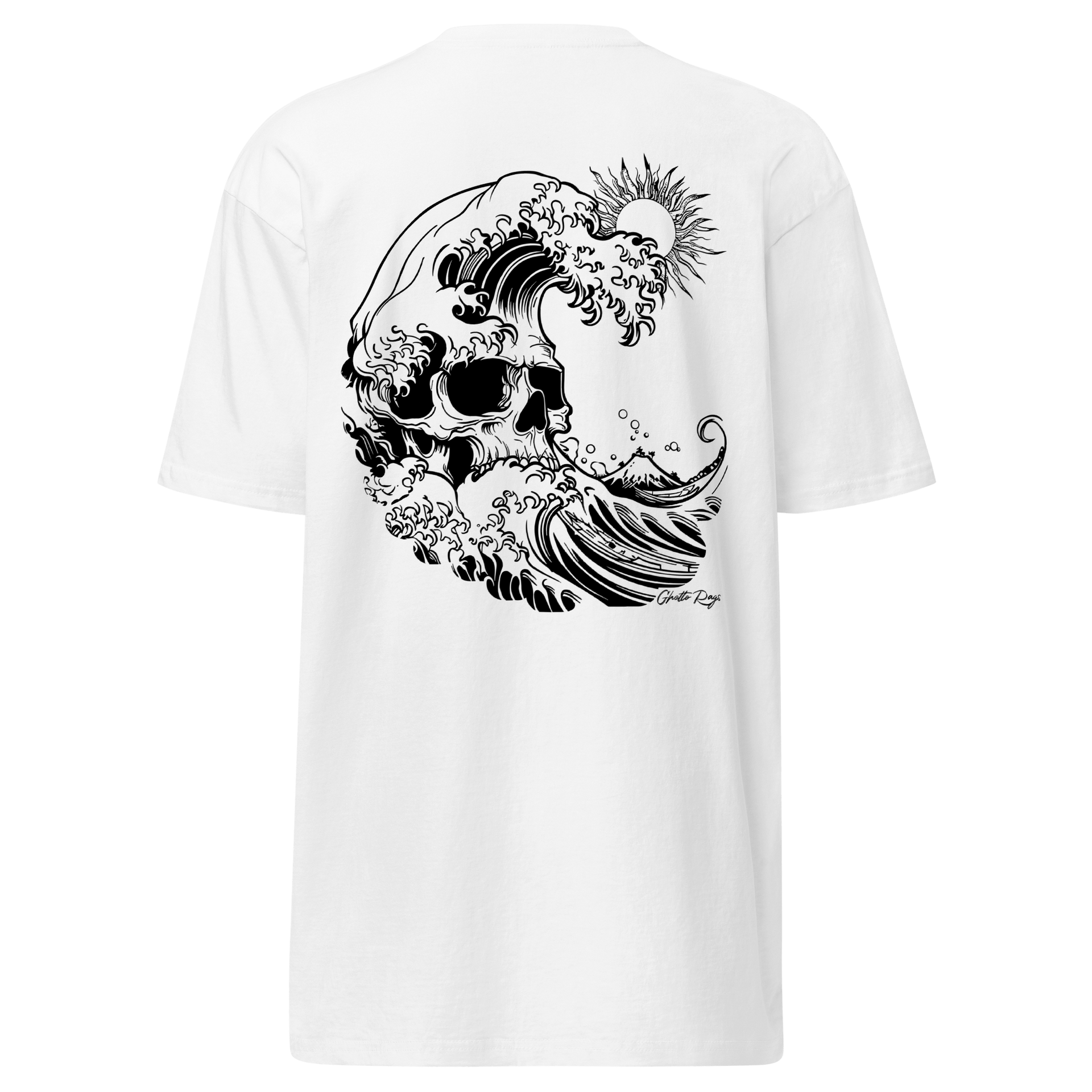 White T-shirt featuring a black wave and sun design incorporating a skull on the back, combining urban streetwear with artistic flair.