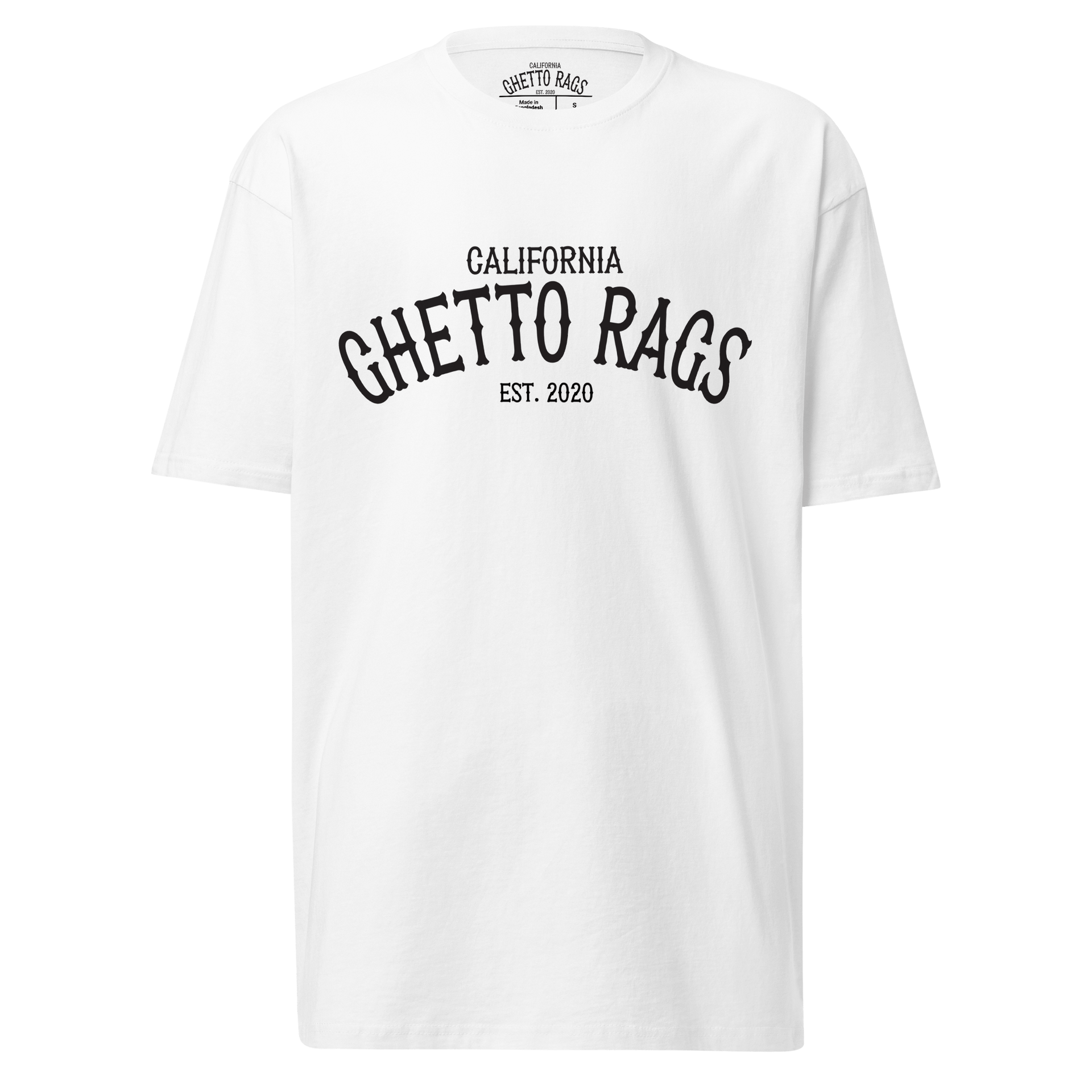 California Ghetto Rags Moon T-shirt with bold urban design in white cotton, featuring black text print, streetwear fashion.