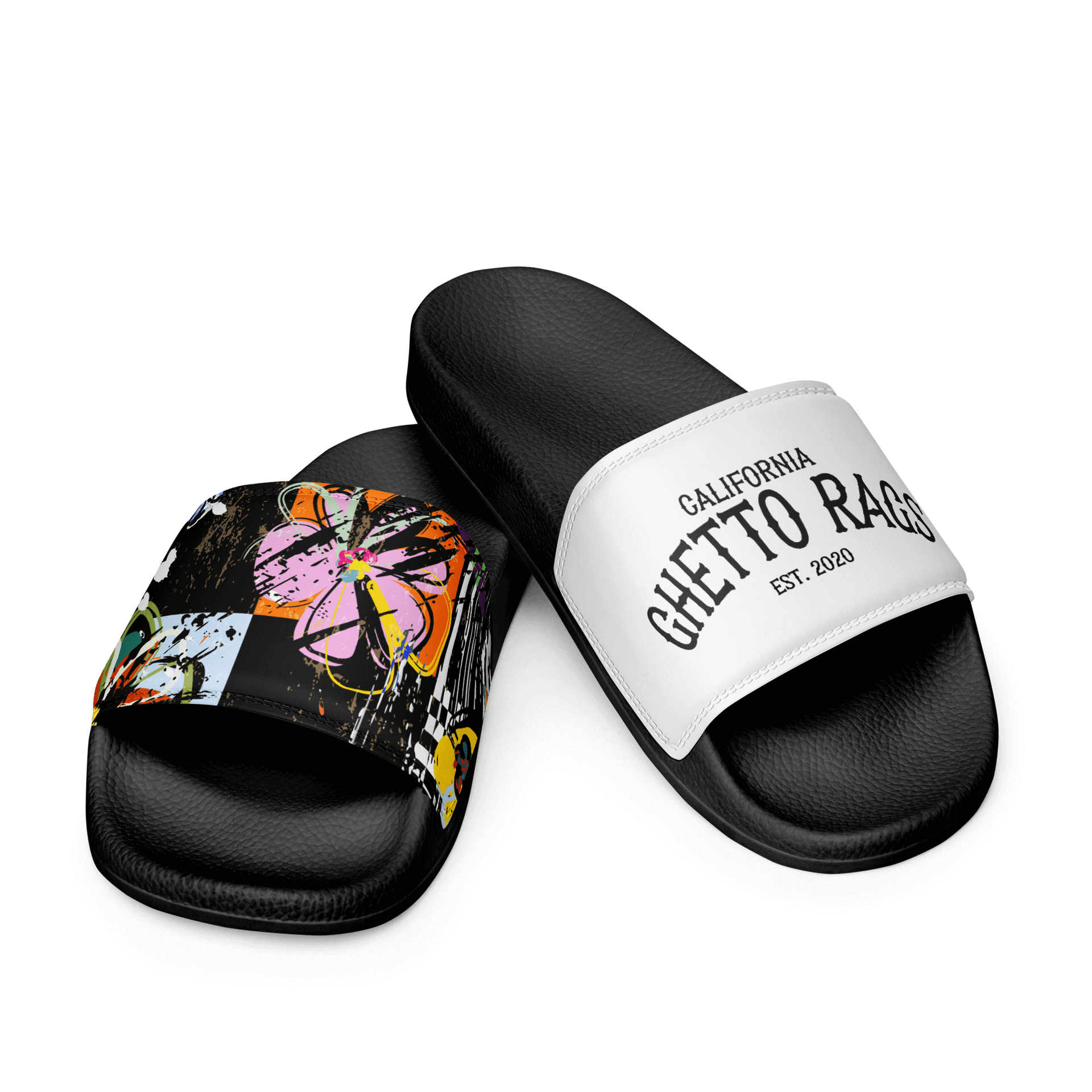 Vibrant street art-inspired Ghetto Art Slides with graffiti design and comfortable footbed, perfect for casual wear.