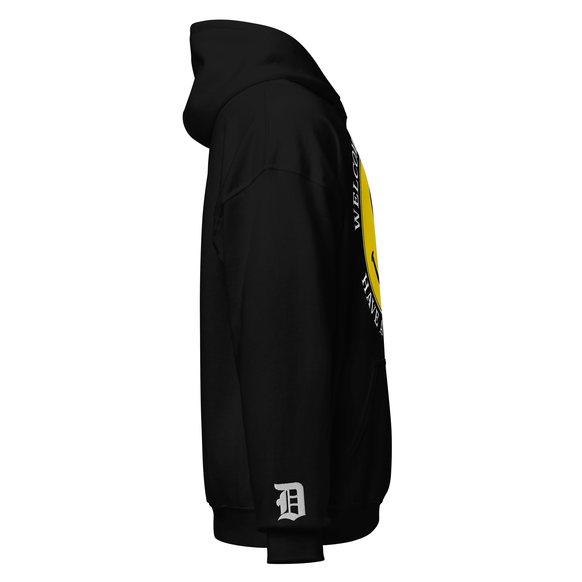 Side view of Welcome to Detroit hoodie with smiley face graphic, showcasing urban style and city pride from Ghetto Rags.