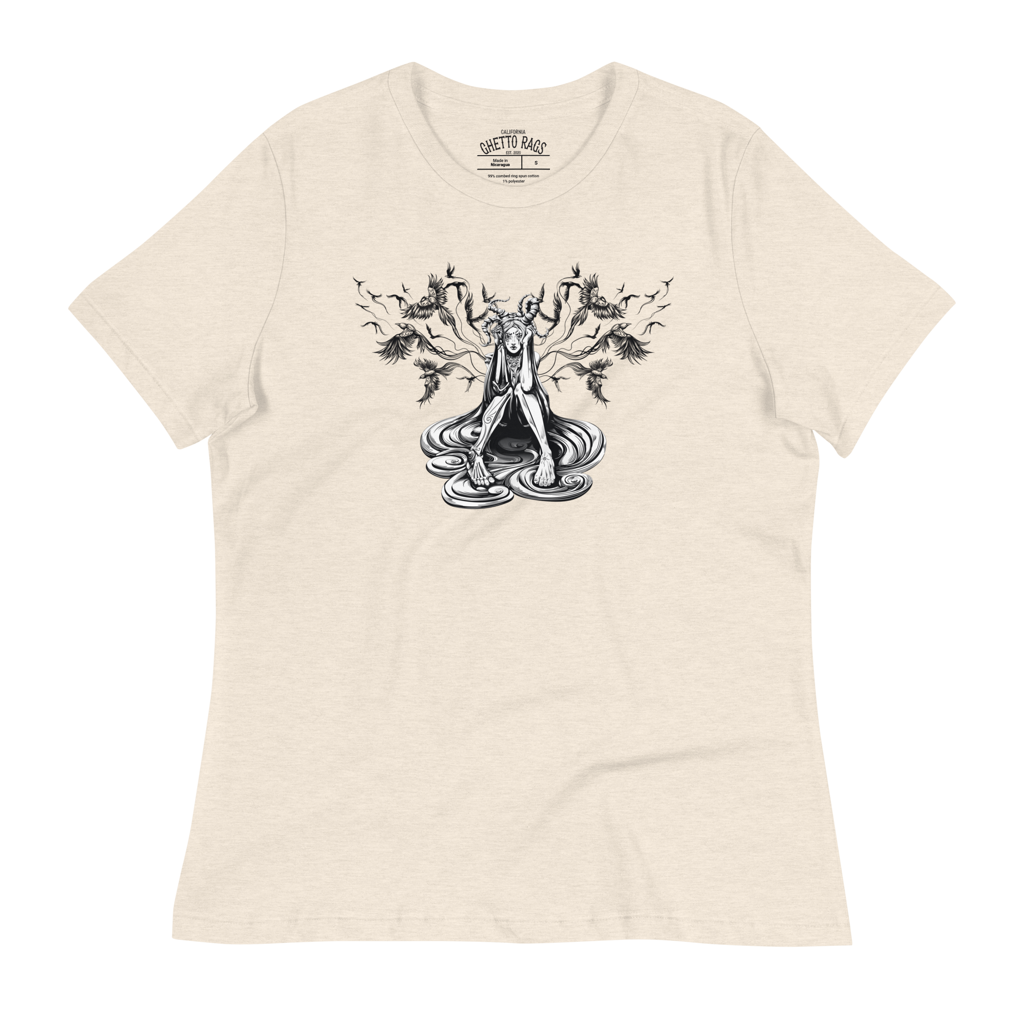 Women's t-shirt with graffiti-inspired bird design symbolizing freedom and hope on soft-touch cotton.