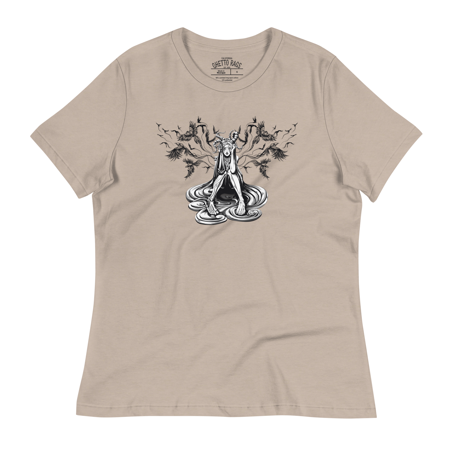 Women's T-shirt with graffiti-inspired bird print showcasing urban freedom and style on soft-touch cotton fabric.