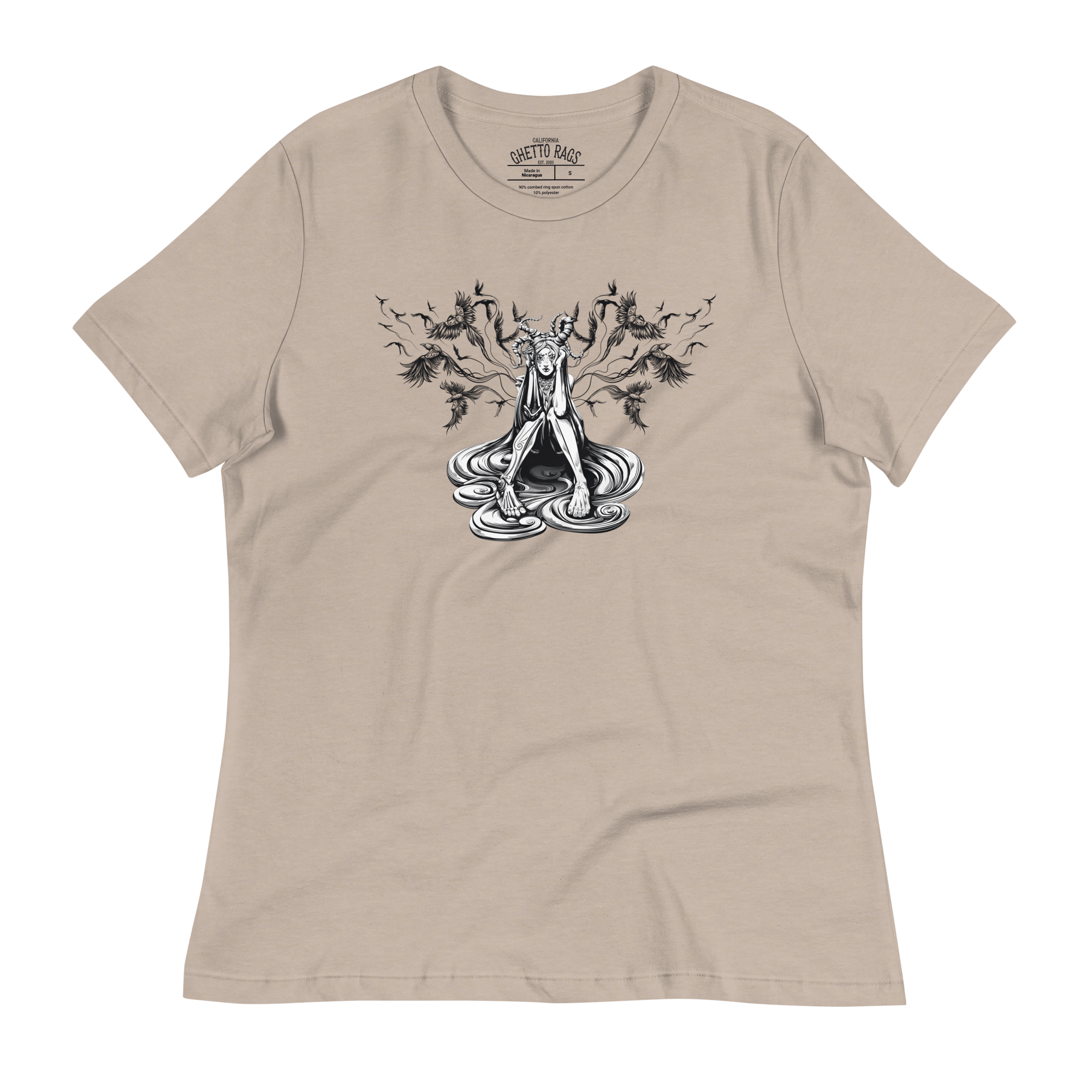 Women's T-shirt with graffiti-inspired bird print showcasing urban freedom and style on soft-touch cotton fabric.