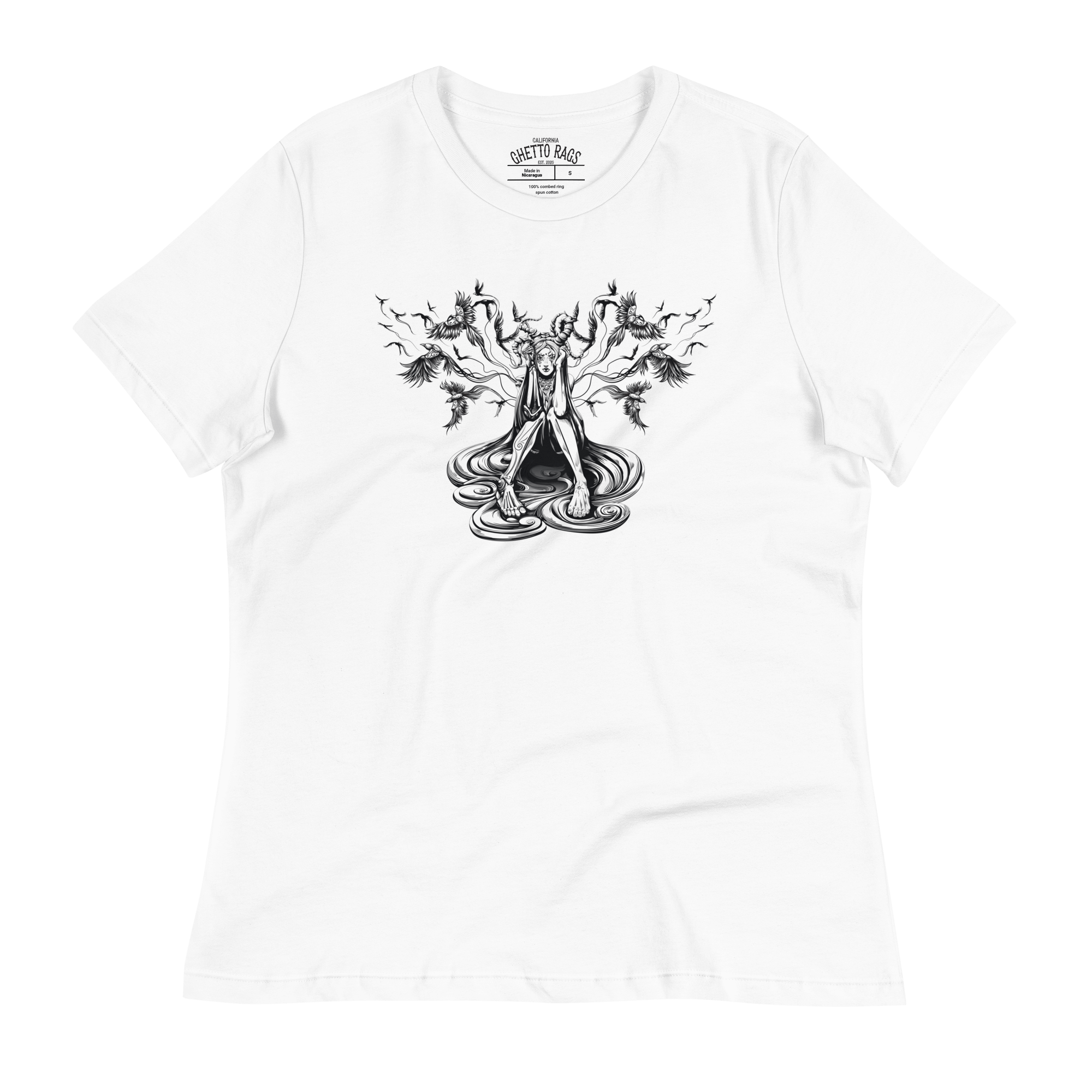 Women's t-shirt with graffiti-inspired bird design, symbolizing urban freedom and natural beauty, on soft-touch cotton fabric.