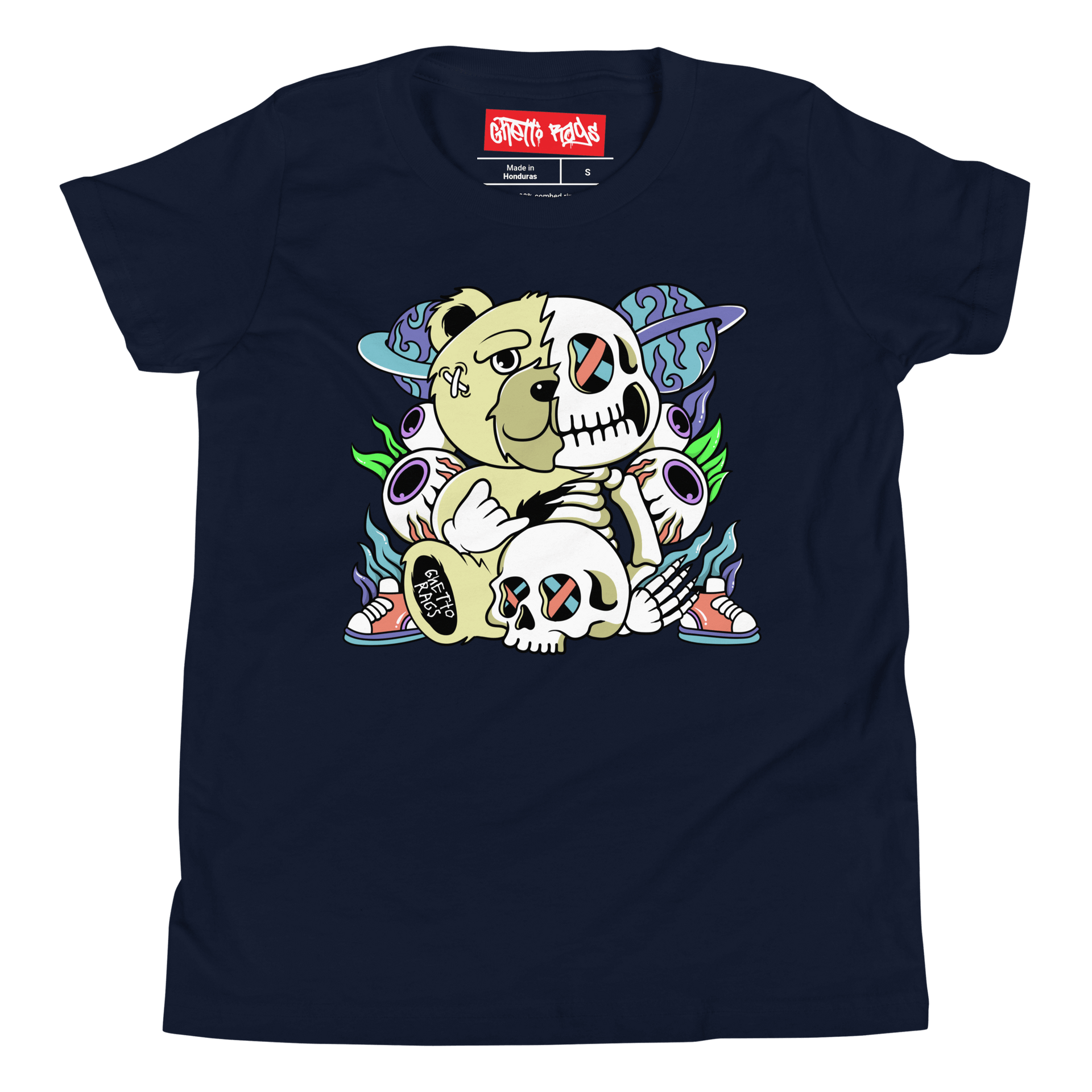 Youth Spooky Bear T-shirt with cute bear in Halloween costume, vibrant design, perfect for children's Halloween or fun occasions.